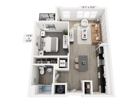 The Spectrum floor plan at Contrast OTR in Cincinnati’s Over-the-Rhine is a modern one-bedroom with open living, large windows, a walk-in closet, and in-unit laundry—perfect for vibrant downtown living near TQL Stadium